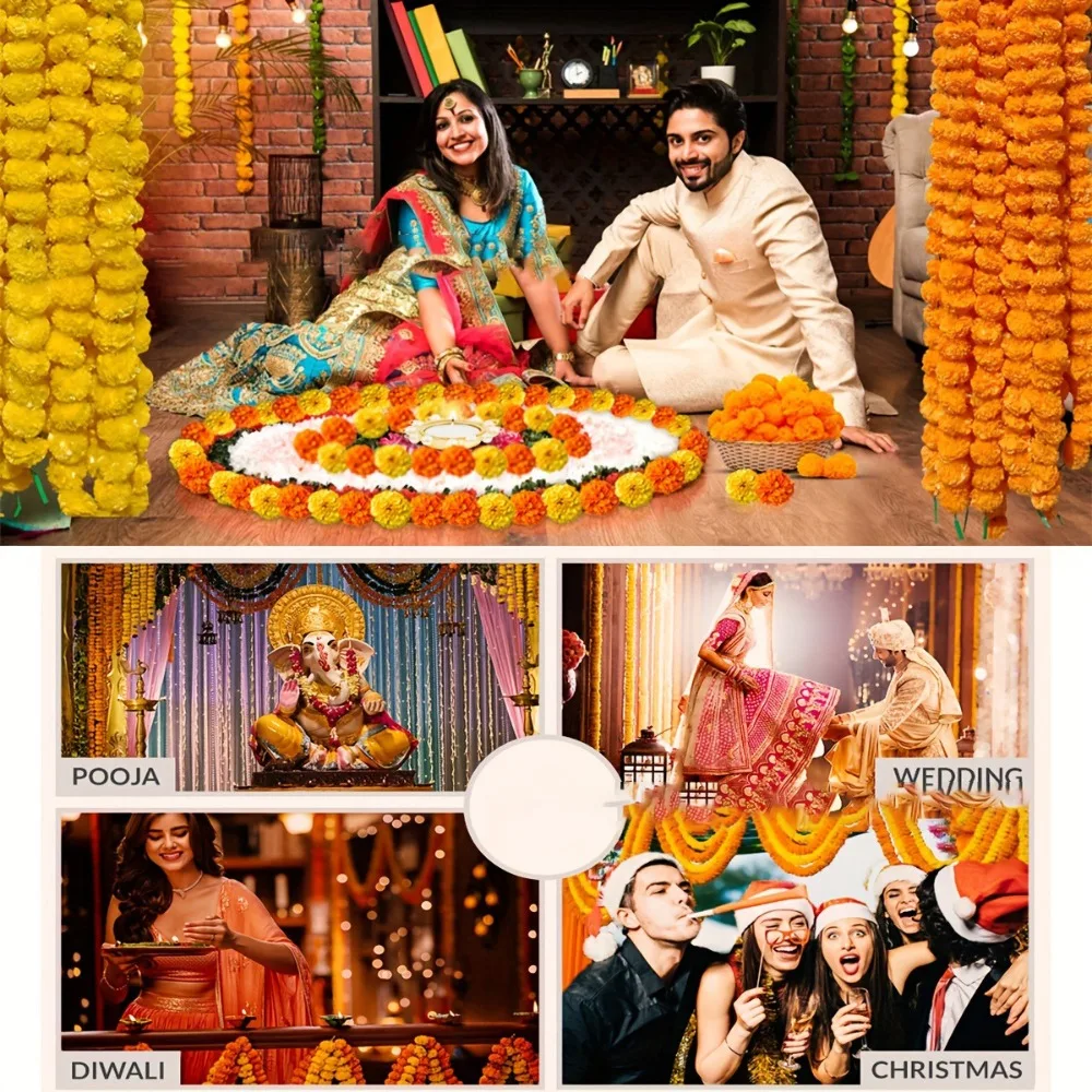 長いストランド人工マリーゴールドガーランドプージャディワリフィエスタインド装飾偽植物 1.5 メートルイベント装飾造花ガーランド