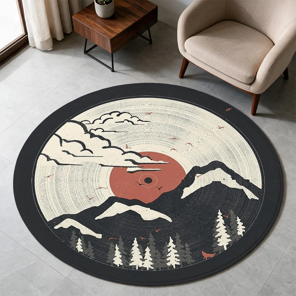 Boho Sunset Mountain Landscape Round Area Rug Bohemian Decor Farmhouse Style Living Room Floor Mat