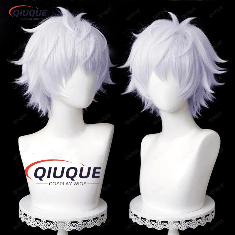 Anime Cosplay Wigs Gojo Satoru Wig Short Layered Silver Heat Resistant Synthetic Hair Wigs + Wig Cap