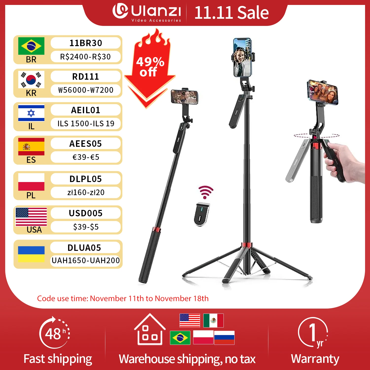 Ulanzi MA09 1.8m Selfie Stick Tripod for iPhone 16 15 14 13 Pro Max Android Phone with Remote Control Panoramic Ball head Holder