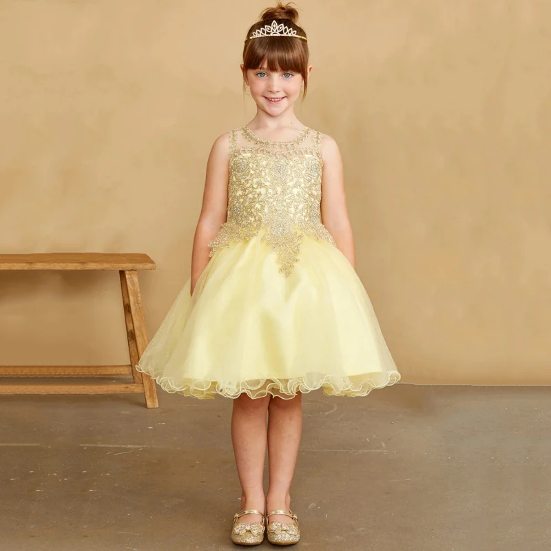 

Flower Girl Dresses Yellow Tulle Puffy Pattern Appliques Sleeveless For Wedding Birthday Party Holy Communion Gowns