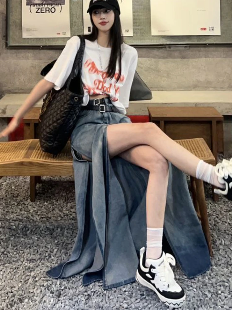 Denim Skirts Women Asymmetrical Creativity Slit Summer Midi Faldas Korean Style New All-match Retro Ladies Stylish Casual Design