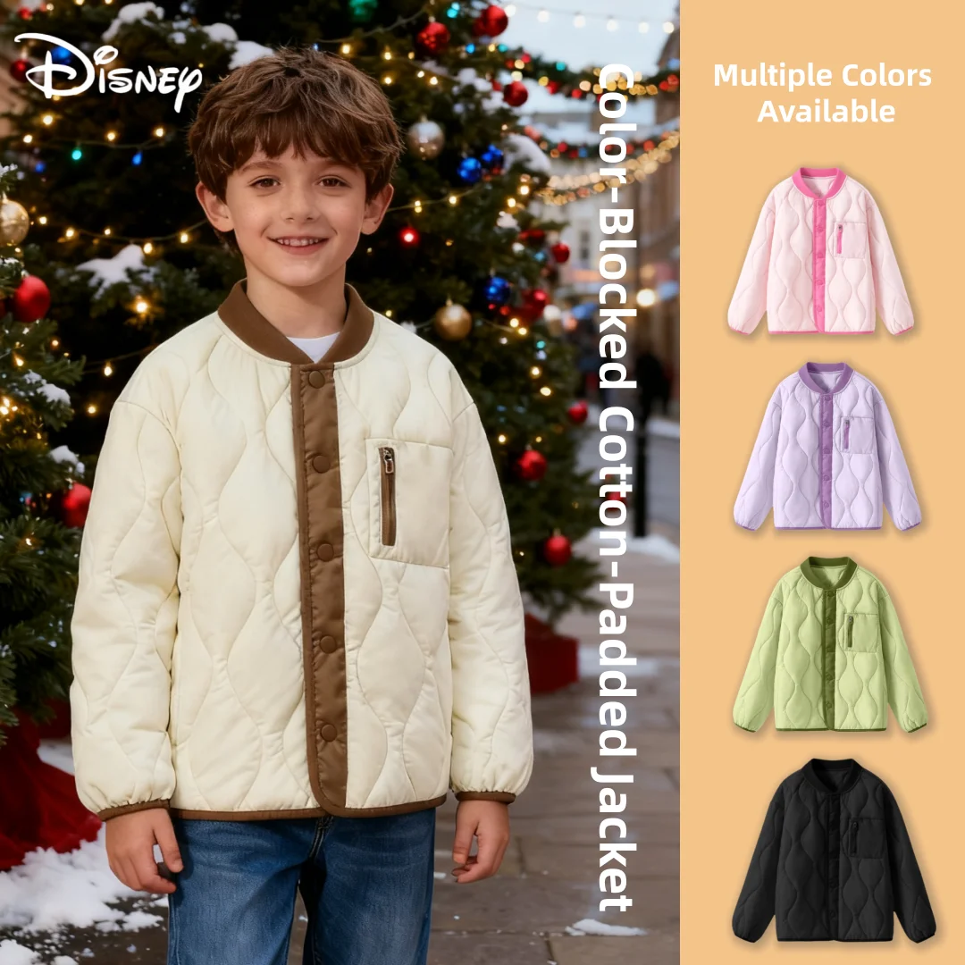 

Disney Kids Cold-resistant Cotton-padded Jacket Children Autumn Winter Warm-keeping Coat Color Patchwork Trendy Cotton Jacket