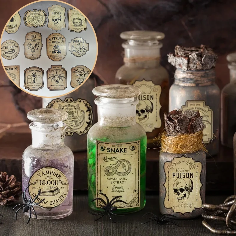 12pcs Irregular Halloween Potion Wine Bottle Labels,Apothecary Stickers For Spooky Party,Ideal For Haunted House Bar Decor Gift