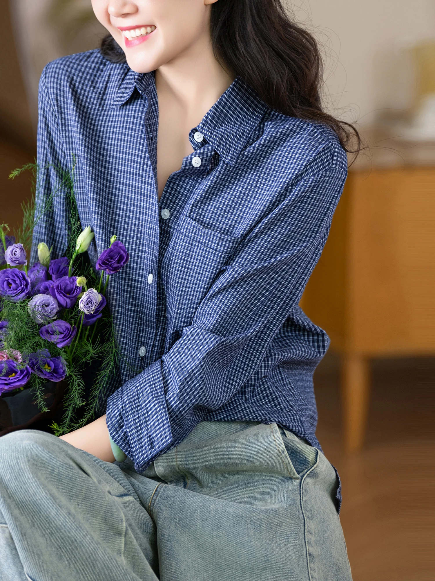 

Casual Loose Women's irt Bubble Cloth Texture Full Cotton Tead Skin-friendly Lightweight Long Sve Striped Breathable