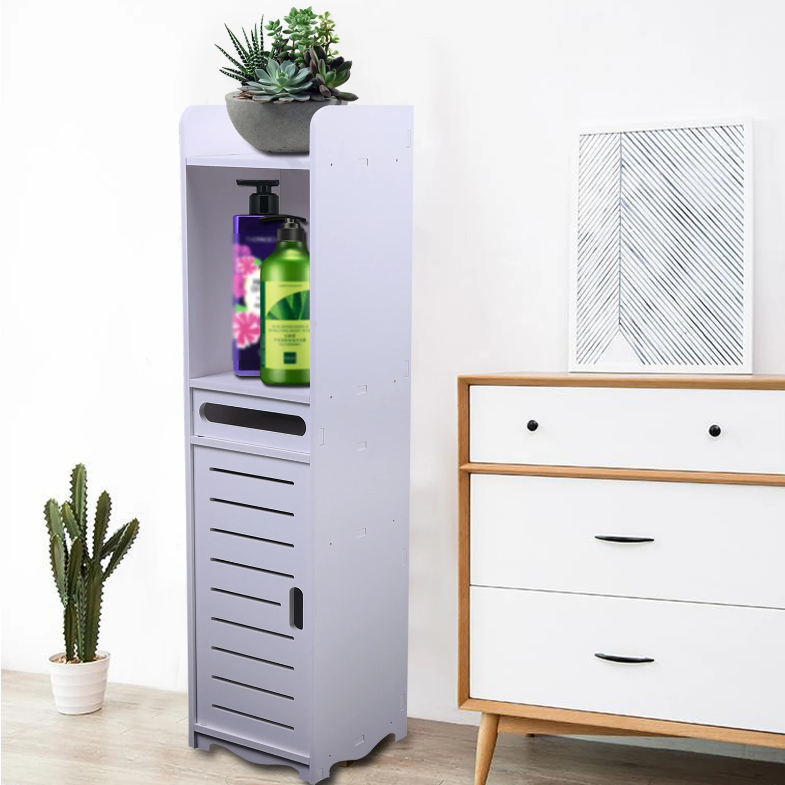 Wood Plastic Panel Side Cabinet White Bathroom Cabinet Storage Corridor Kitchen Freestanding Closet