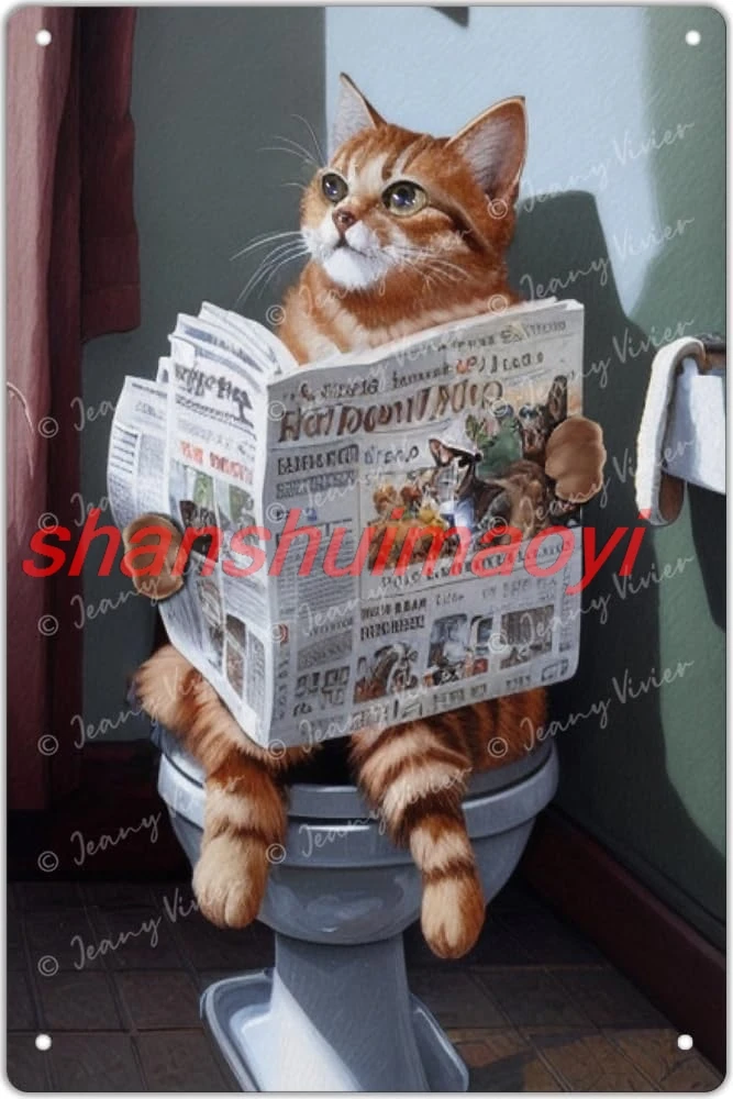 Zomyto Tabby Cat Reading The Newspaper On Toilet Funny Bathroom Decor Wall Art Retro Tin Sign Animal Metal Sign for Bathroo SHUI