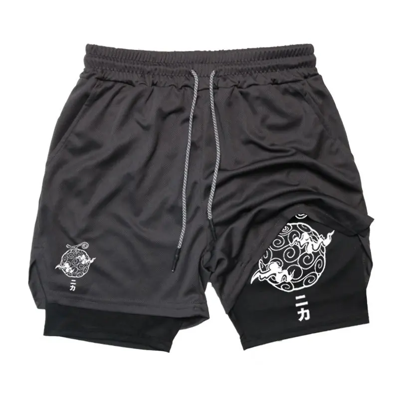 One Piece Nika Anime Men Gym Shorts Streetwear Casual Double-layer Sports Pants Graphic Print Elastic Waist Summer Sportswear