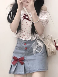 Fashion Gyaru Denim Skirts Bow Folds Heart Patchwork High Waist Mini Skirt for Women Summer Preppy Style All Match Clothing 2024