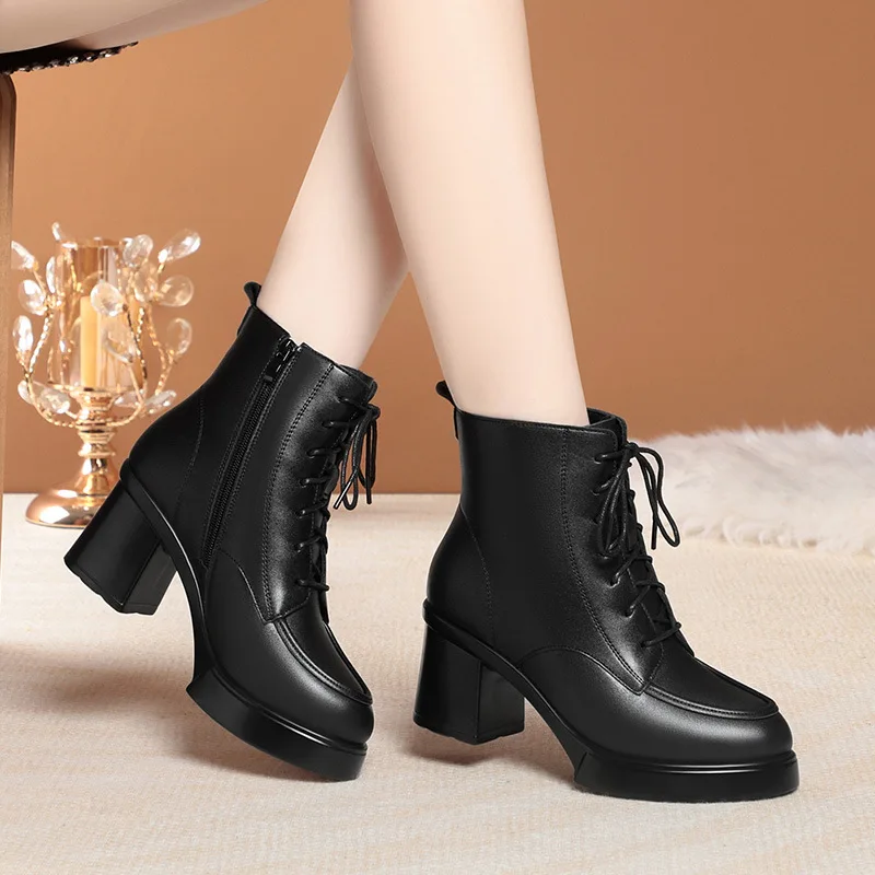 

6.5cm Comfortable Elegant Women's Shoes Soft Leather Boots 2025 Autumn Winter Block Heels Warm Fur Ankle Boots Office Work Mom