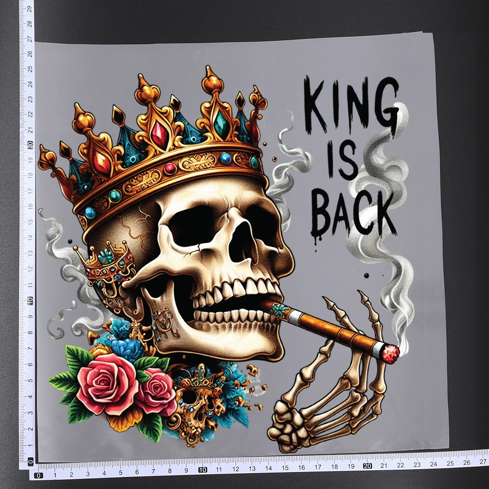 25CM Funny Skeleton Skull Smoking Queen Heat Transfer Patches For Clothes DIY A-Level Washable Shirt Iron-on Thermal Stickers