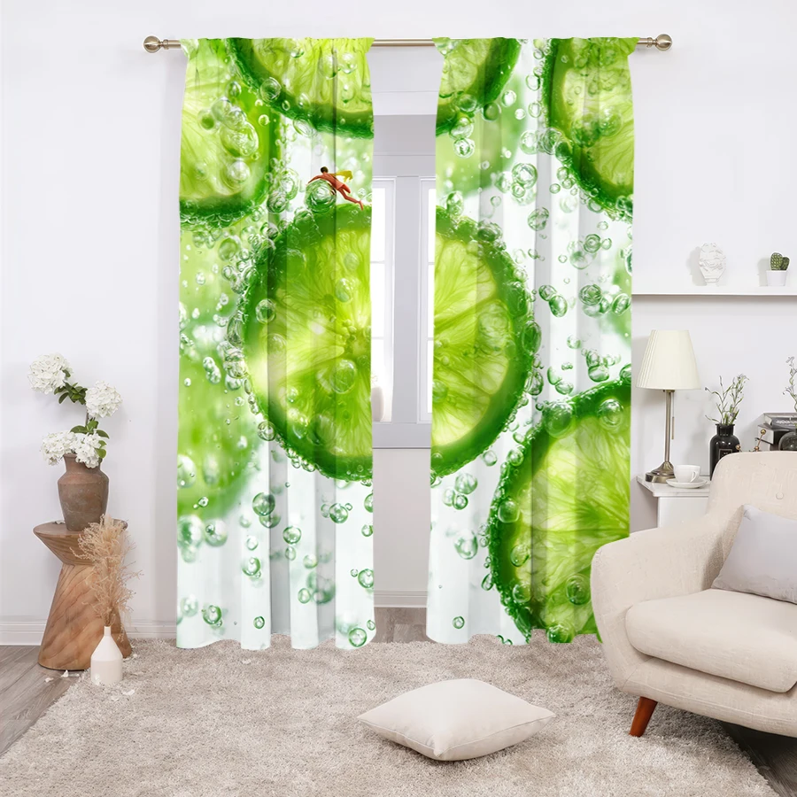 2PCS Multicolor Green Lime Slice Surfer Bubble Pattern Curtains Rod Pocket Design For Bedroom And Living Room