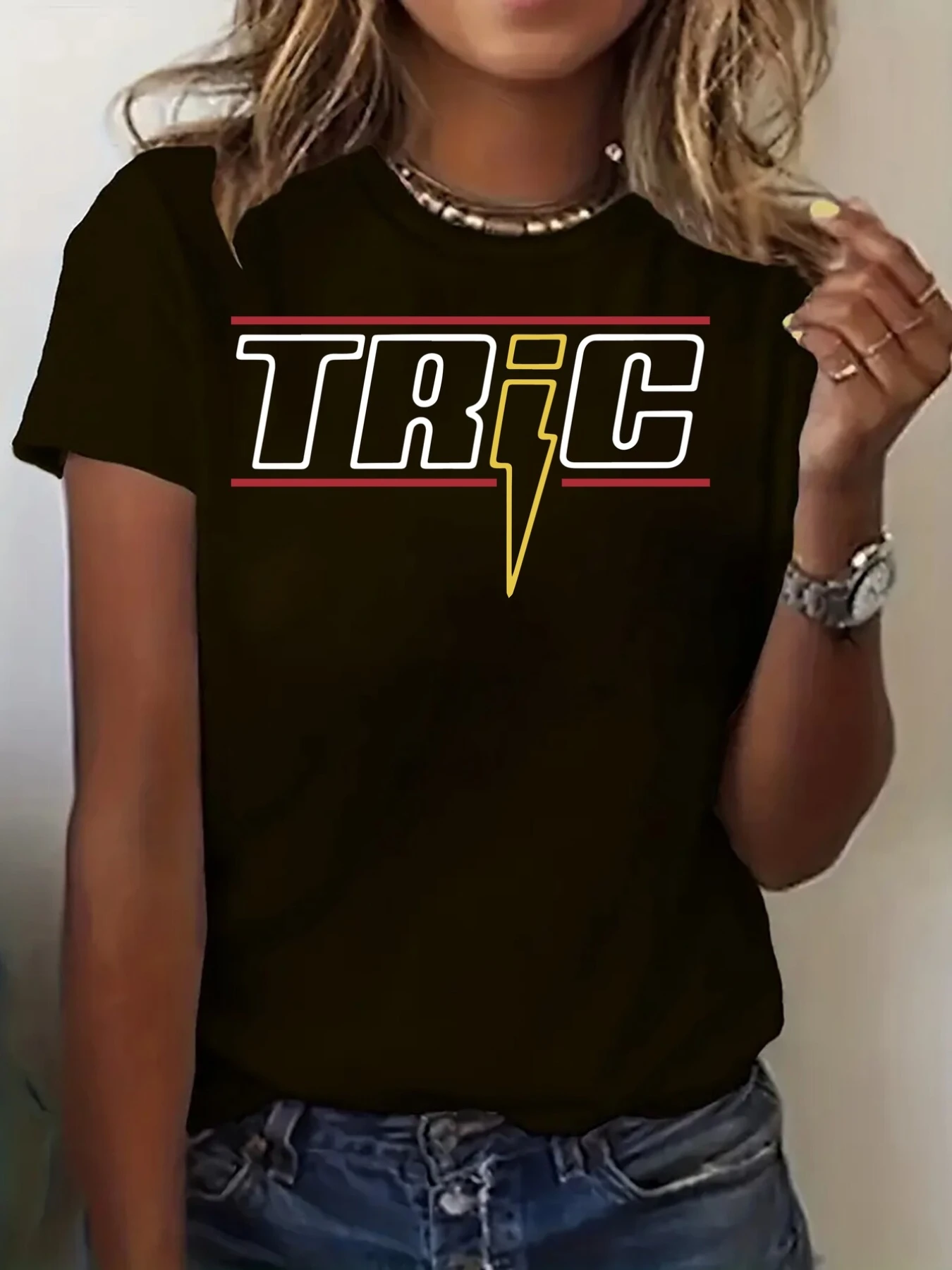 Ladies' Y2K Pattern T-shirt - TRIC, Lightning Logo Pattern - Soft Daily Casual Top with Bold Printed Design  graphic t shirts