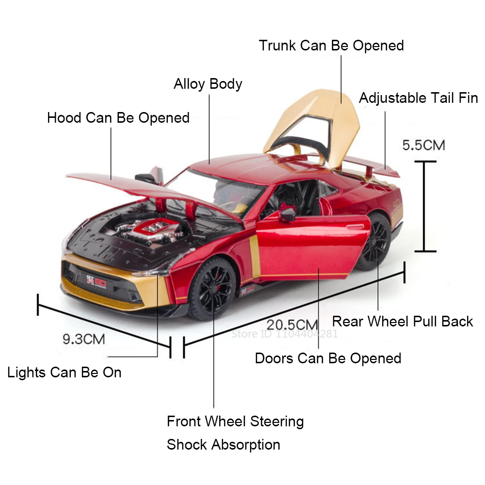 Modelo de juguete en miniatura GTR50 R34 1:24, coche de aleación fundida, sonido, luz, puertas extraíbles, vehículo en miniatura abierto, regalo de cumpleaños para Amiga