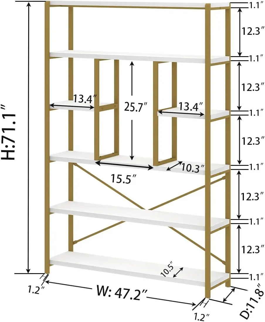 Gold Book Shelf Organizer, Large Tall 6 Tier Bookshelves Storage, Big Modern Metal Wooden 6 Shelf Bookcase, Farmhouse Open D