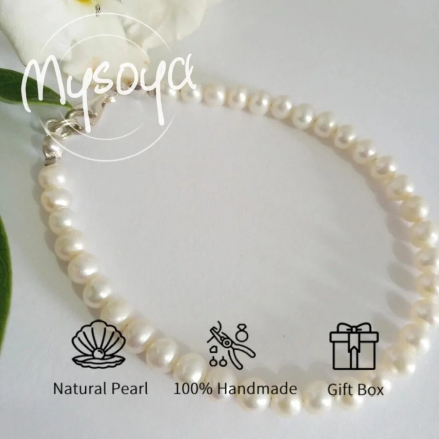

MYSOYA 5-6mm Natural White Freshwater Pearl Bracelet With Gift Box Perfect Birthday Wedding Christmas Gift For Women Bracelet
