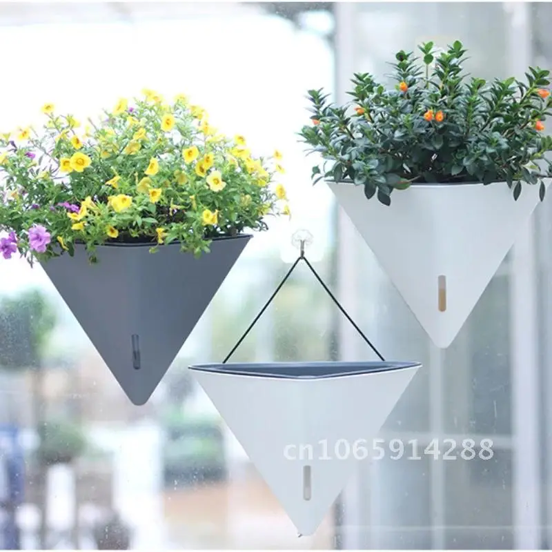 

New Wall Mounted Flowerpot Triangle Self Absorbent Lazy Plant Decor Outdoor Pot Hanging Plastic Indoor Geometric Home Vase for