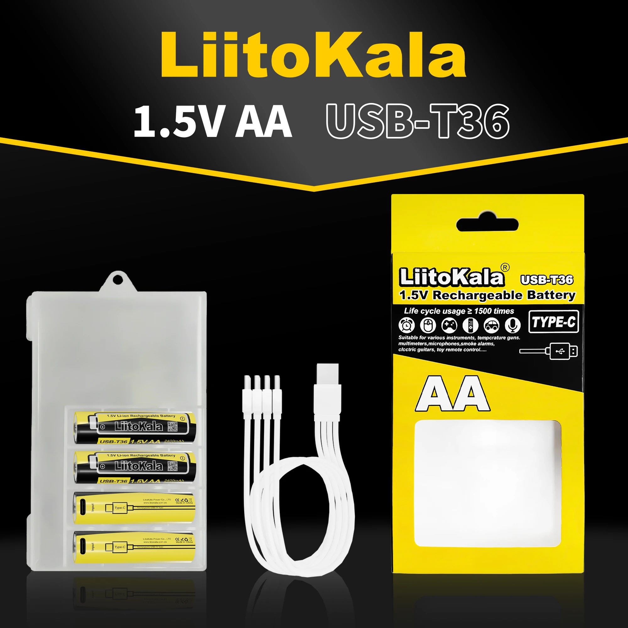 Liitokala USB-T36 1.5V AA 3600mWh Li-Ion Rechargeable Battery 1200 Cycle Type-C AA 2400mAh Battery with 4-in-1 USB Cable