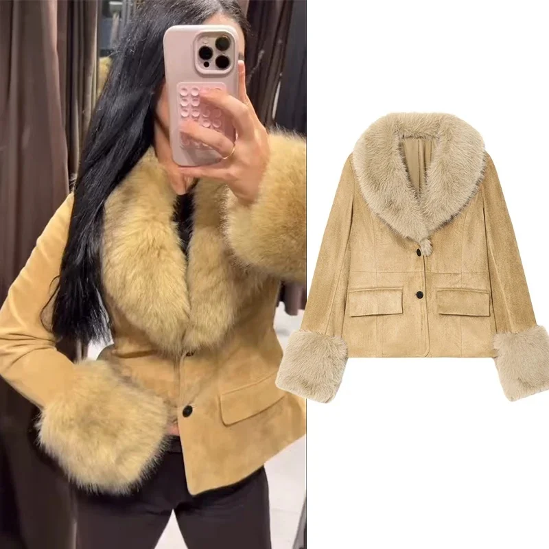 Women's short jacket with large faux fur collar and cuffs  single-breasted  warm fall and winter coat, solid color with pocket