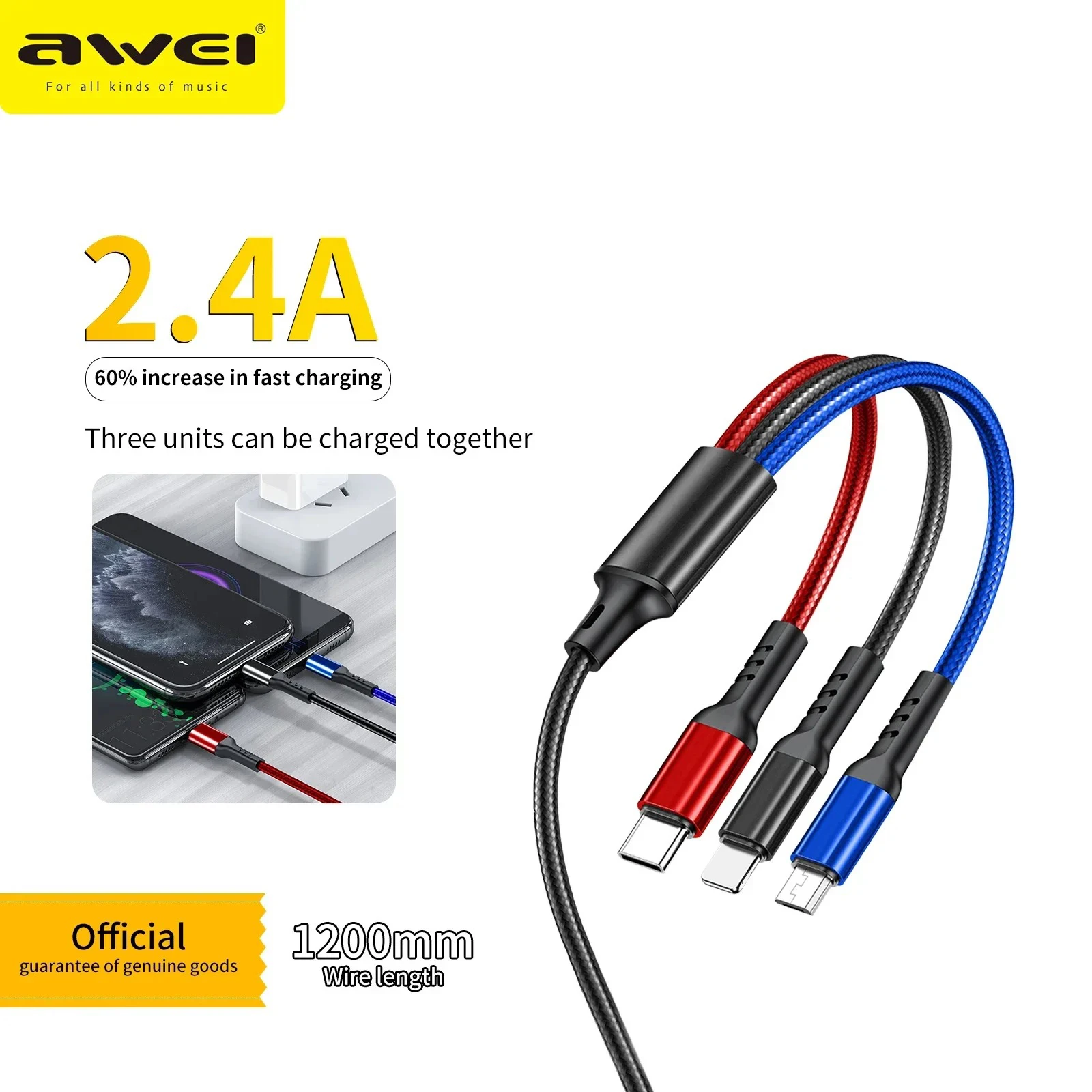 Awei CL-971 Multi Charger Cable 3 In 1 2.4A Fast Charging Wire For iPhone Xiaomi USB Type C Mobile Phone Cable Muti Ports Cord