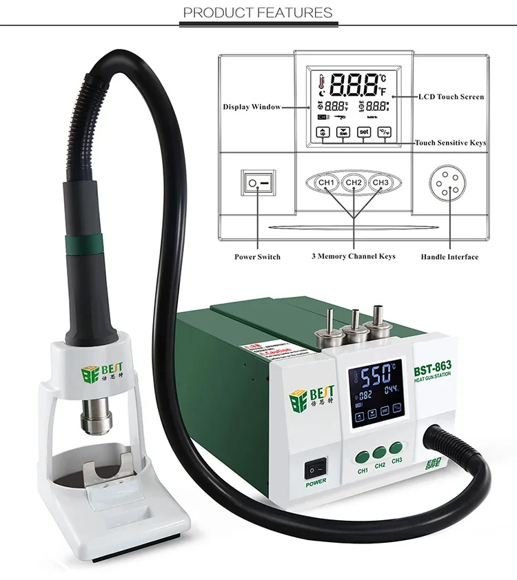 BST-863 heat gun welding table 1200W digital display LCD touch temperature controller anti-static electric wind gun
