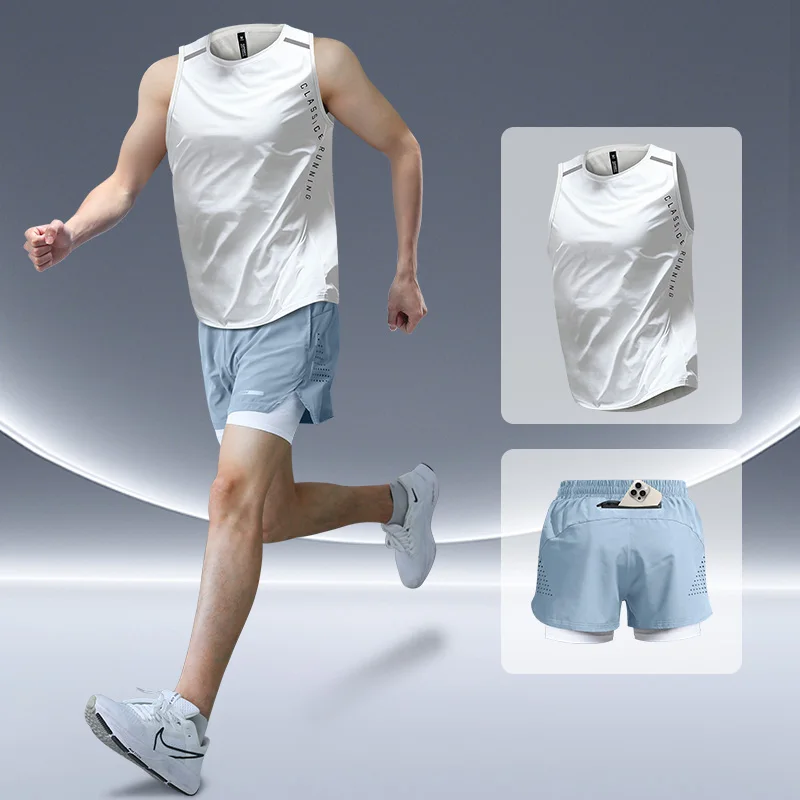 Sports running set, men's marathon ice silk quick drying vest, summer track and field training shorts, fitness clothes and equip
