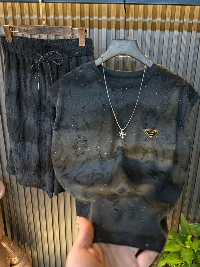 

Summer Men's Thin Loose Tank Top orts Two-Piece Set Sli Casual Versatile Trendy Hole Leisure Suit Loose Fit Youth