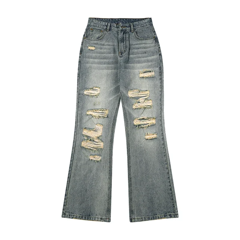 

Distressed Jeans Men Ripped Hiphop Motocycle Denim Pants Flared Pants Boot Cut Men's Trousers Vintage Hollow Out Frayed