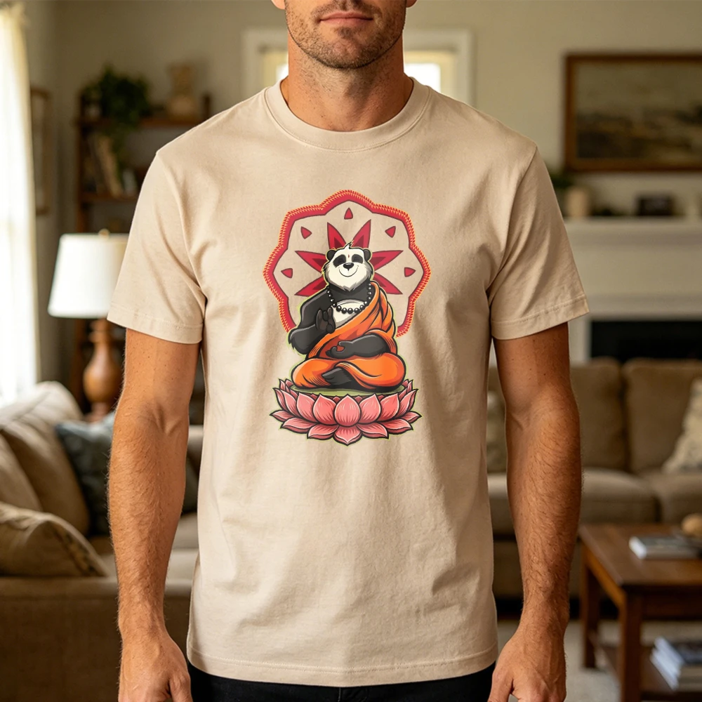 Zen Buddha Panda Lotus Flower Men T Shirt Summer Mindfulness Meditation Tee Cute Animal Spiritual Mandala T Shirt