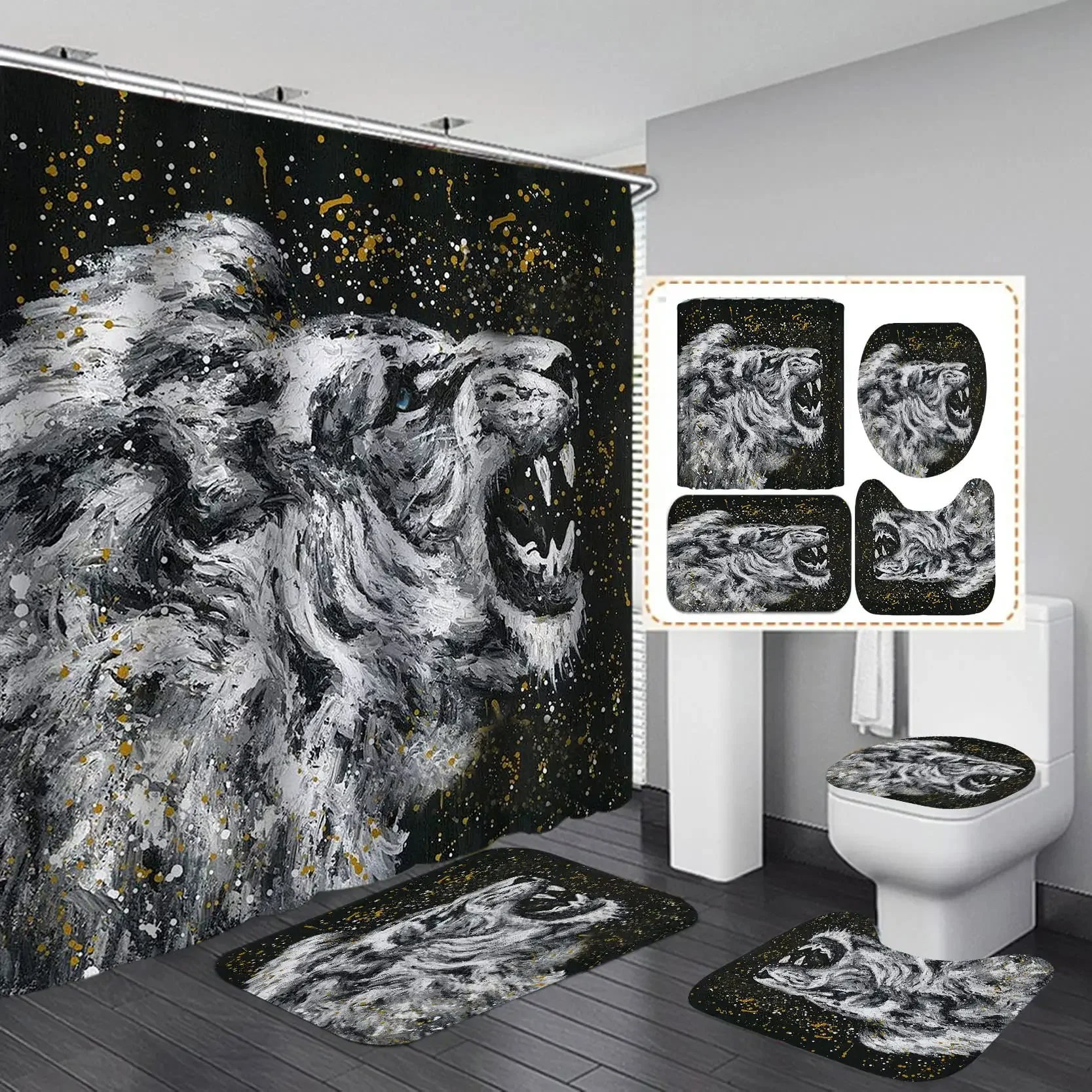 Black Lion King Shower Curtain Set Green Lightning Scar Magic Glowing Fantasy African Wild Animals Bathroom Decor Set Men Gifts