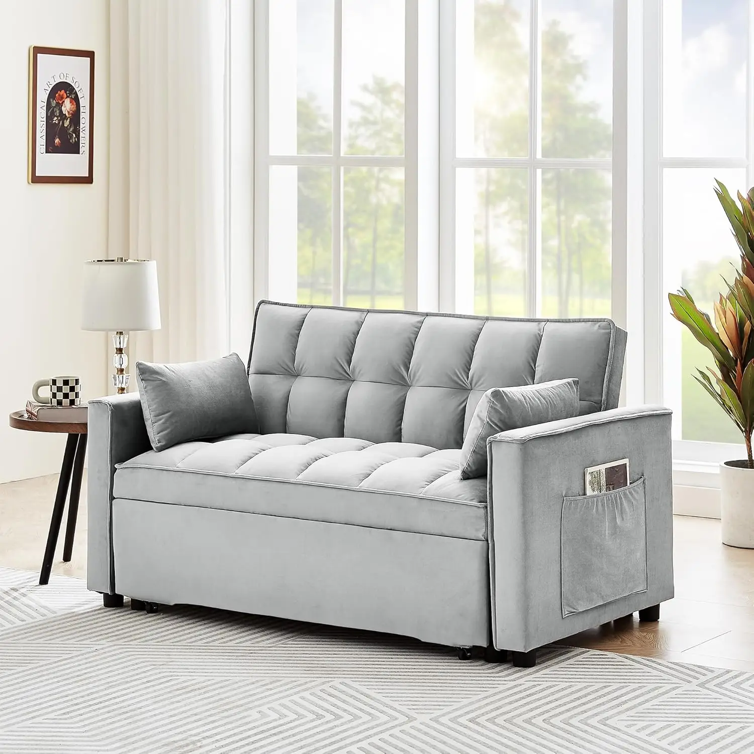 Pull Out Couch-3 in 1 Convertible Futon Sofa Bed, Fluffy Velvet Loveseat Sofa Cama,Foldable Lounge Sleeper Sofa with Pullout Bed