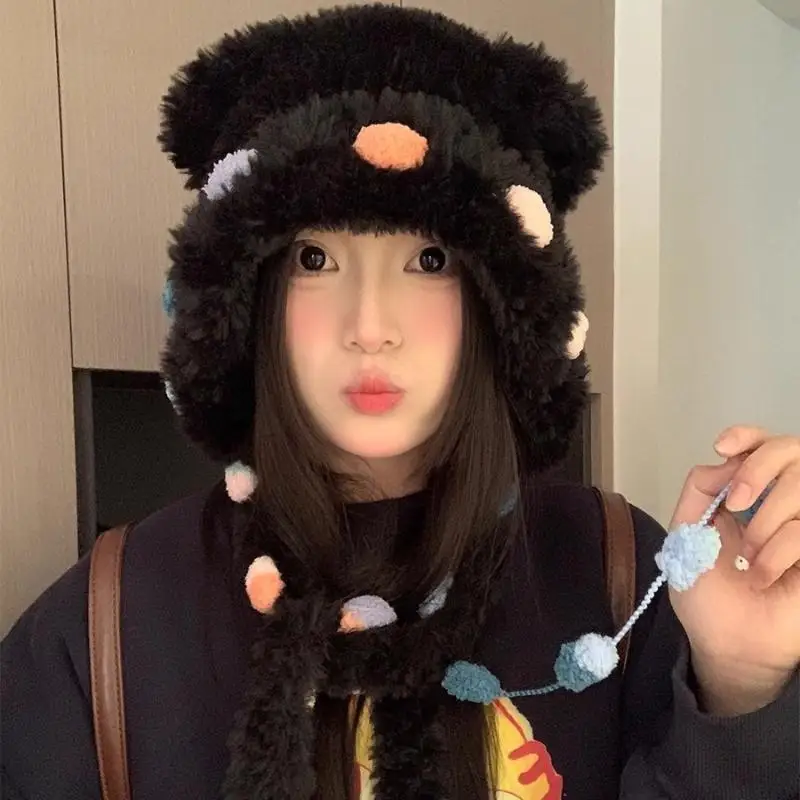 محبوك الدب الأذن قبعة كتلة اللون سميكة أفخم الأذن رفرف قبعة للنساء الفتيات شتاء دافئ حماية الأذن #4