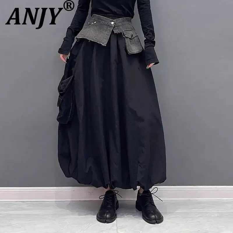 ANJY Spring Summer New Women Dark Style Denim Patchwork Large Pocket Cargo Skirt Loose Casual Versatile Niche Long Skirts A25722