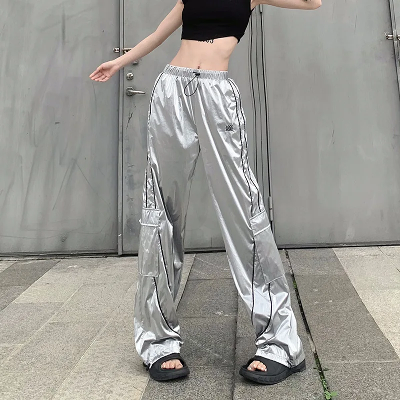 Y2k Women Drawstring Jogger Pants Casual Low Waist Side Stripe Patchwork Sweatpants Male Fashion Wide Leg Cargo Pants Streetwear