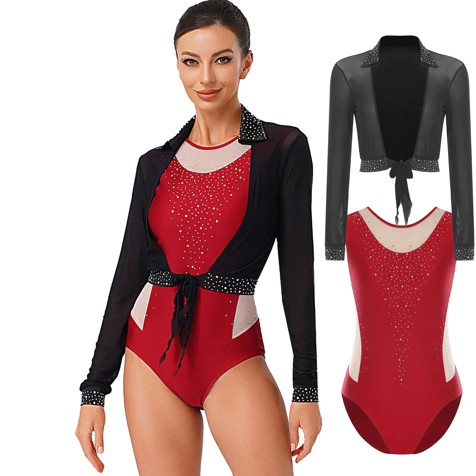 Women Gymnastics Artistic Figure Skating Costume Ballet Jersey Jumpsuit Sparkly Rhinestone Leotard Cardigan Cropped Dance Outfit