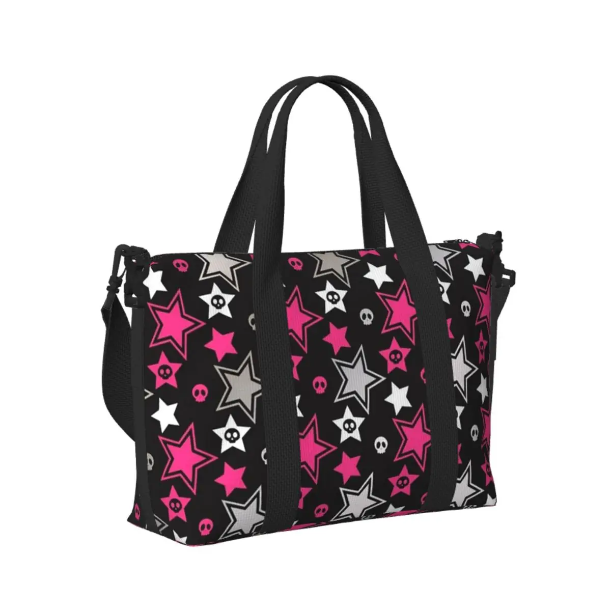 

Custom Black And Pink Emoscene Stars Beach Travel Bag Large Capacity Tote Bags for Gym Yoga Women Shopping Duffle Shoulder Bag