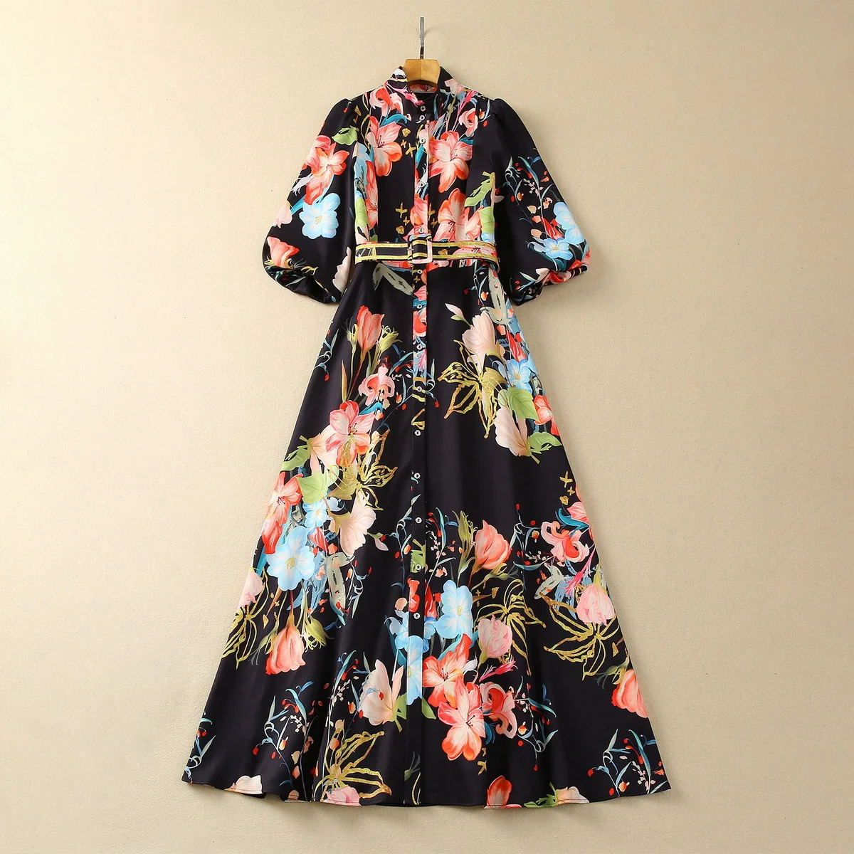 

European and American women's clothes 2024 spring new Stand collar Seven-point lantern sleeve printed belt Fashion pleated dress