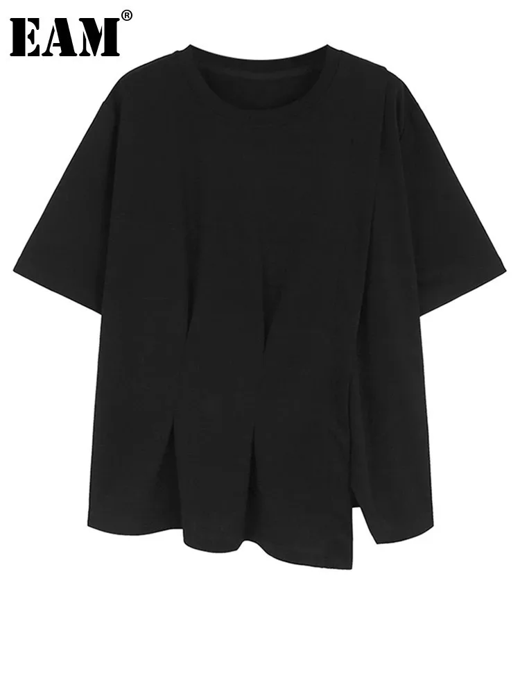 

[EAM] Women Black Pleated Hem Big Size Elegant T-shirt New Round Neck Short Sleeve Fashion Tide Spring Summer 2024 1DH6006