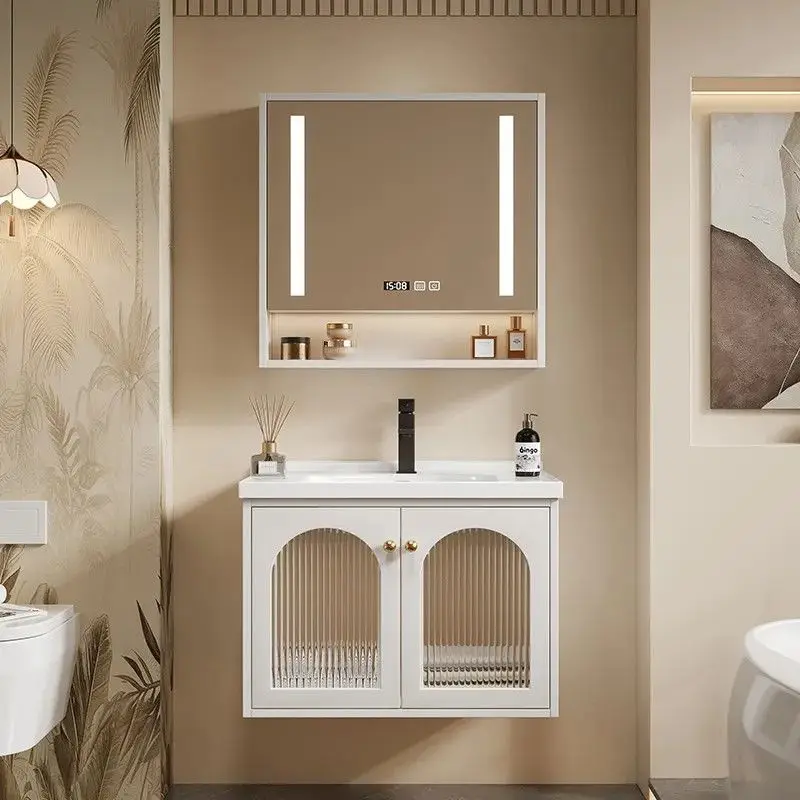 

Комплект мебели для ванной: тумба под раковину, унитаз, интегрированный зеркальный шкаф, кремовый, одинарный