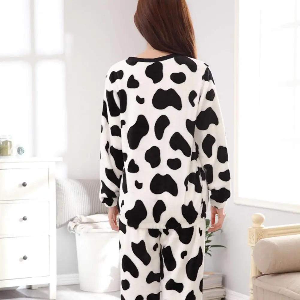 Pants Set Women O-Neck Long Sleeves Pockets Loose Flannel Pajamas Milk Cow Pattern Plush Top Pants Homewear Set