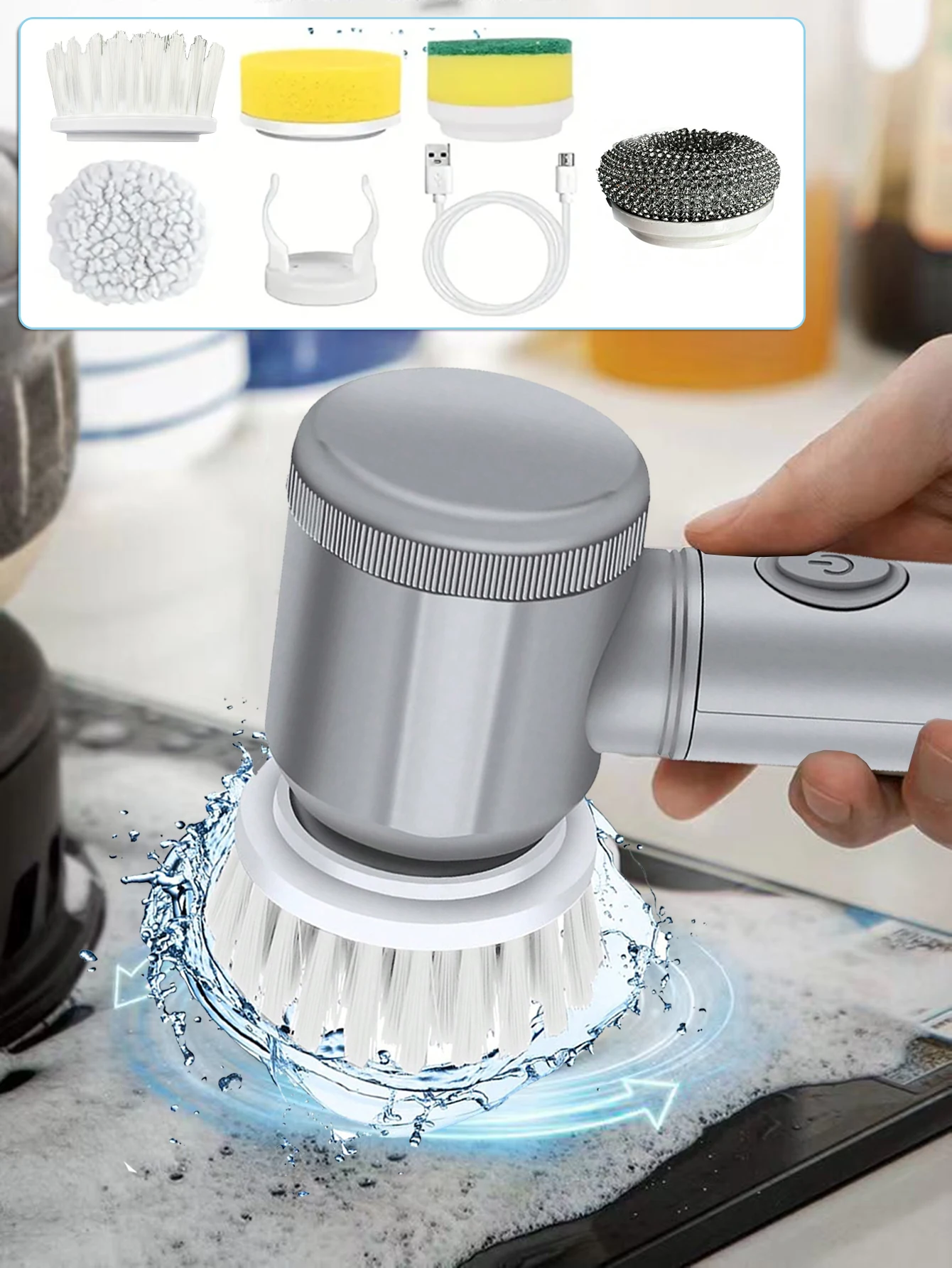 1 Set Electric Spin Scrubber With 5 Replaceable Brush Head Power Cordless Kitchen Scrubber HandheldRechargeable Shower Scrubber