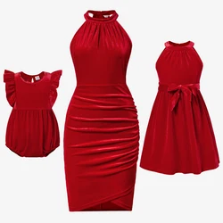 PatPat Mommy and Me Halter Neck Red Velet Dresses