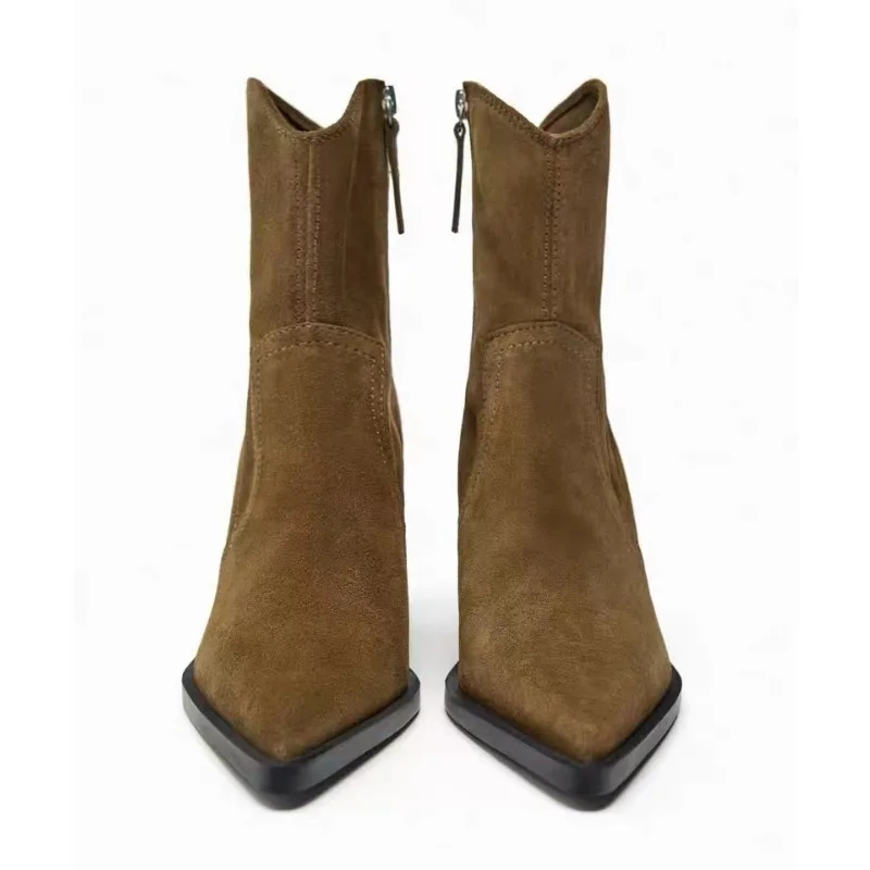 

Retro Women's Shoes Exquisite Suede Pointed Tip Ankle Boots for Woman Elegant French High Heeled Boot Designer Shoes Botas Mujer