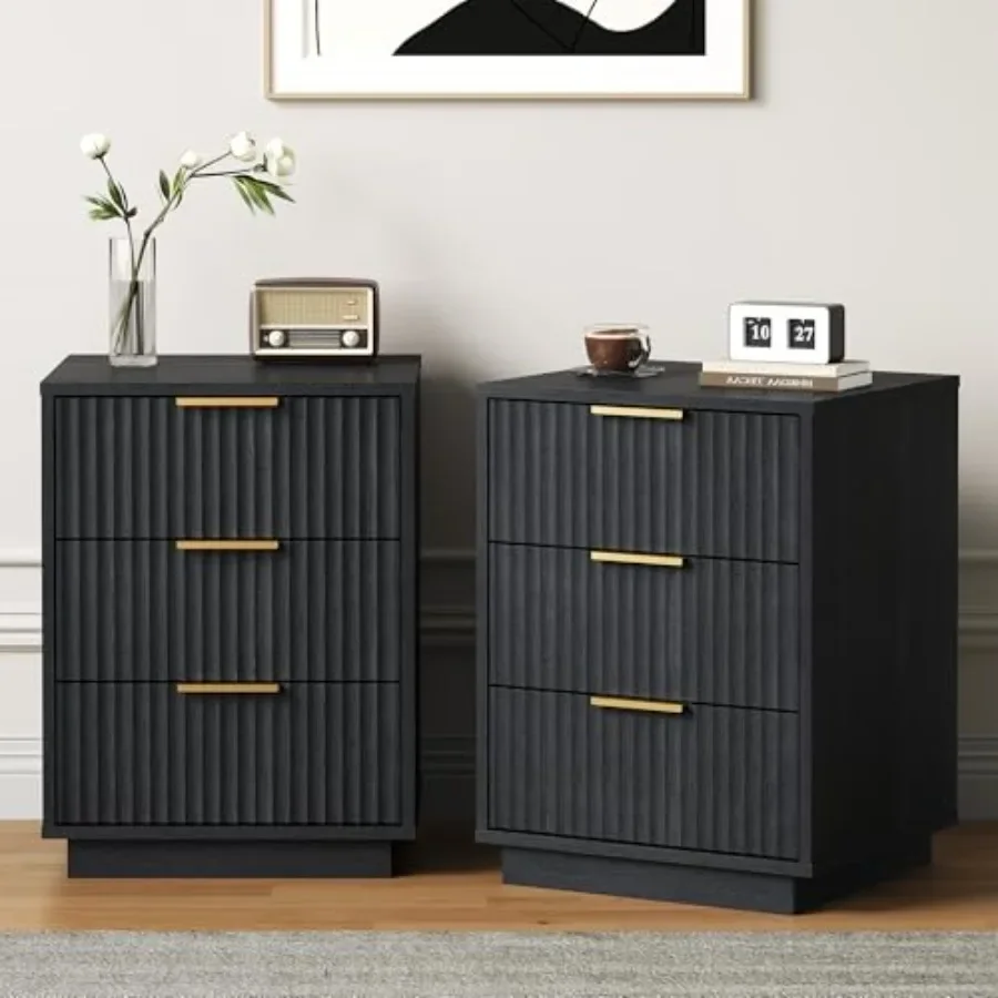 Black Fluted Nightstand 2, Modern Bedside Table with 3 Large Storage Drawers, Wood End Table with Metal Handle for Bedroom, Bla