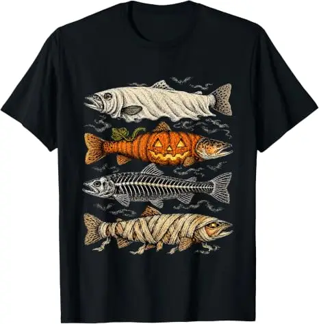 Halloween-Forellen-Fisch-Geister-Kürbis-Skelett-Mumien-T-Shirt Gruseliges Angeln Halloween-Kostüm Y2k Horror-Fischerkleidung – Detail 10