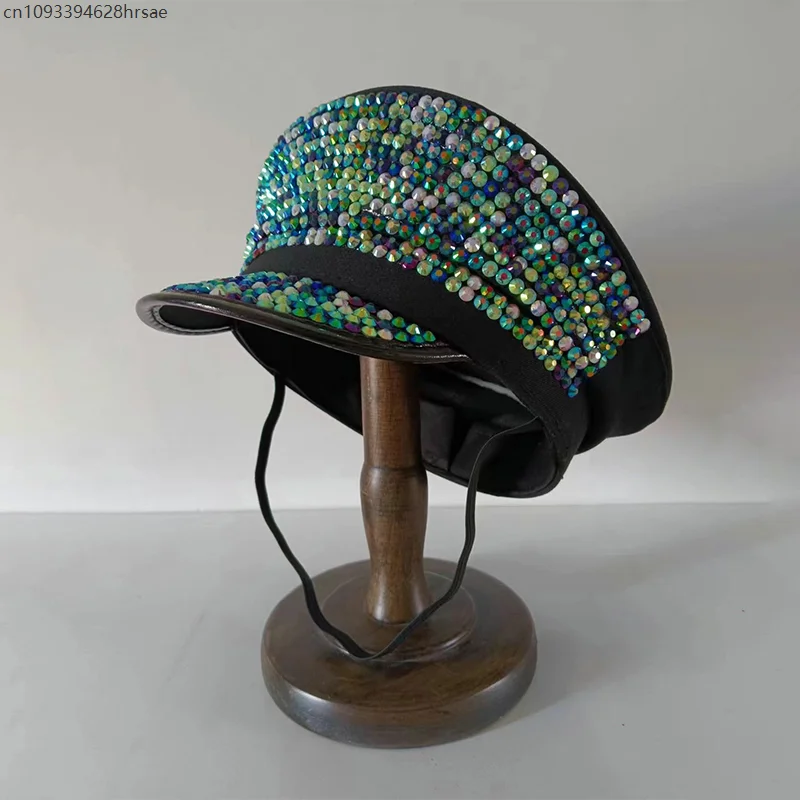 Cappello militare con strass scintillanti con paillettes Novità Cappello da sergente lucido Berretto da capitano Cappellino piatto da carnevale per feste Berretto da prestazione
