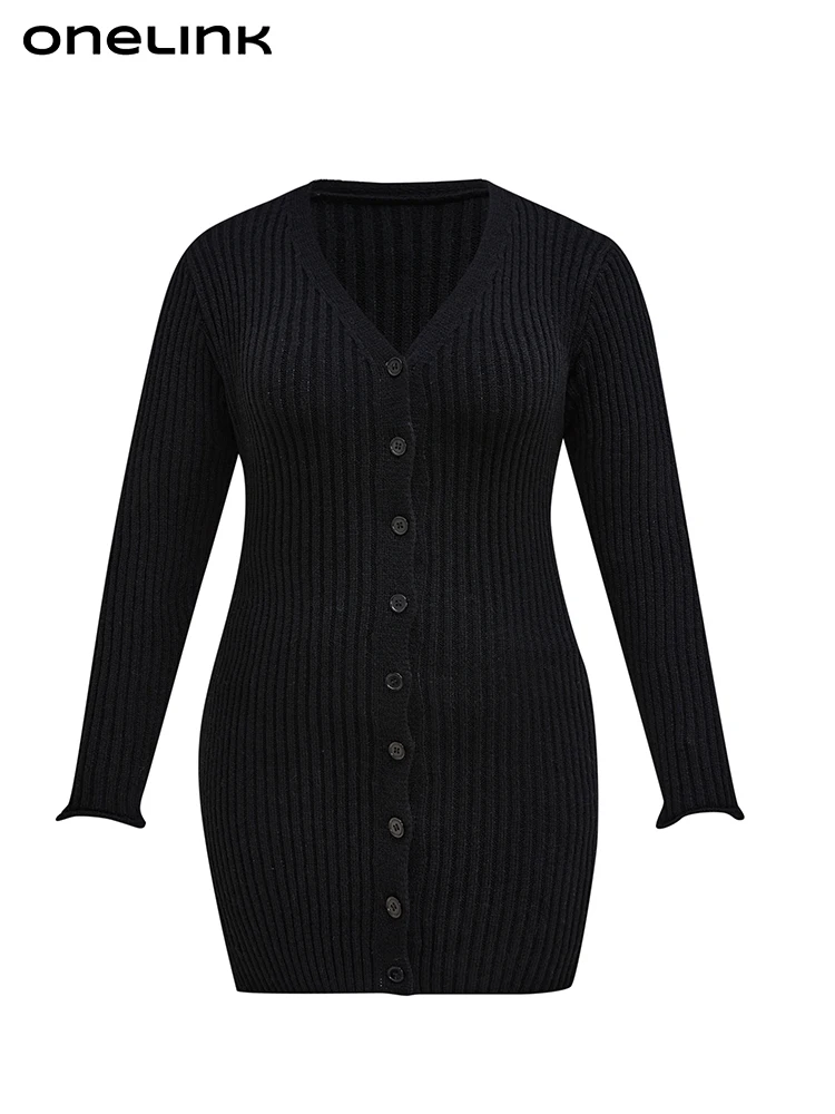 

Onelink Plus Size Women Cardigan Sweater V Neck Mini Dress Autumn Winnter Knitwear Black Long Sleeve Office Lady Dailywear #062