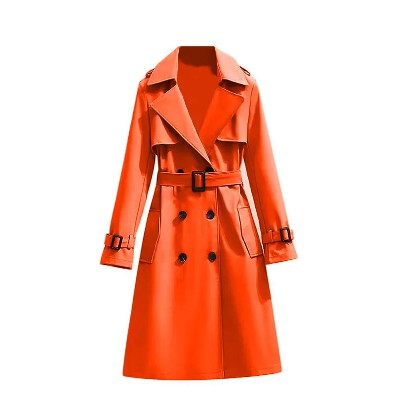 Women British Style Windbreaker Streetwear Double Breasted Long Trench Coats Elegant Autumn Winter Casual Medium Length Jackets
