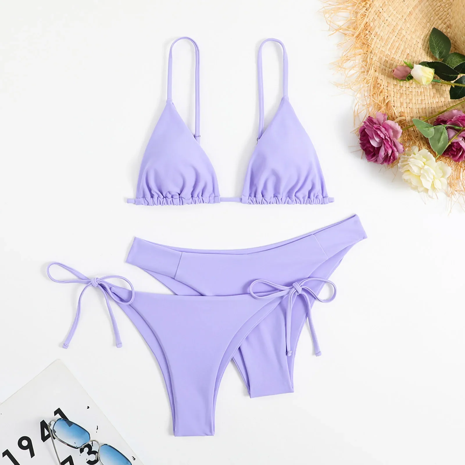 Sexy 3-delige Bikini Set Vrouwen Effen Blauw Paars Push-Up Bandage Driehoek Badpak Braziliaans Strand Badpak Swumwear Biquini