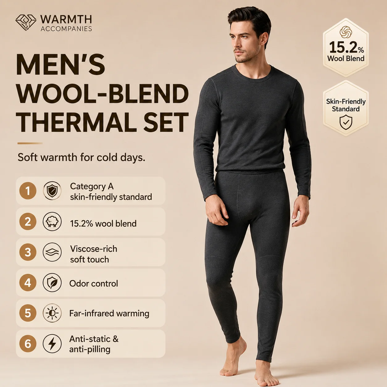 Men Thin Fleece Wool Thermal Underwear Set Anti‑Static Far‑Infrared Warm Long Johns Base Layer Suit